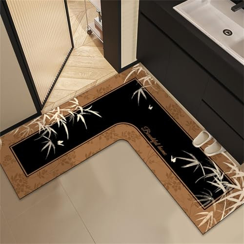 Treer Tapis de Cuisine Forme en L Antidérapants et Lavable, Tapis Cuisine Devant Evier Long Paillasson Interieur Entree Diatomite Absorbant pour Couloir (Bambou Blanc,80 * 80cm)