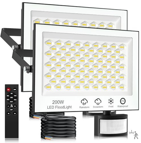 Eclairage Exterieur avec Detecteur - 200W 20000LM Projecteur LED Extérieur avec Télécommande, Dimmable 6500K Blanc Froid Spot LED Extérieur IP66 Etanche Spot Exterieur pour Patio Garage, 2 Pièces