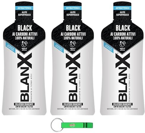 3x BlanX, Collutorio Sbiancante Black, Schwarzes Whitening-Mundwasser, für die Mundhygiene, Anti-Flecken- und Whitening-Mundwasser, 500ml + Beni Culinari Kostenloser Schlüsselanhänger