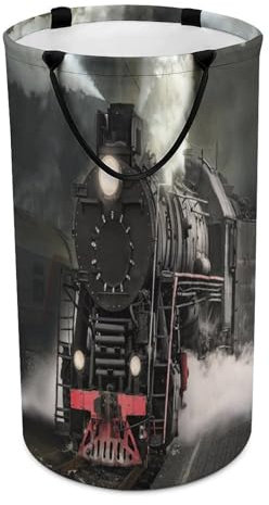 Abstrakter Wäschekorb mit Dampfzug aus der Mitte des Jahrhunderts, großes Volumen, Aquarell, antike mechanische Eisenbahn, Dampfzug, Wäschekorb für schmutzige Kleidung, Aufbewahrung für Wohnheim und F