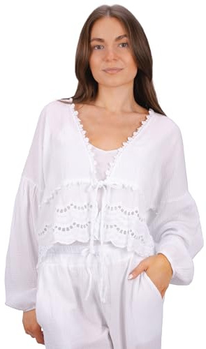 Musselin Bluse mit Bordüre zum Binden, Spitze & Bindeband – im Boho Stil Frühling/Sommer - Laura (Weiß)