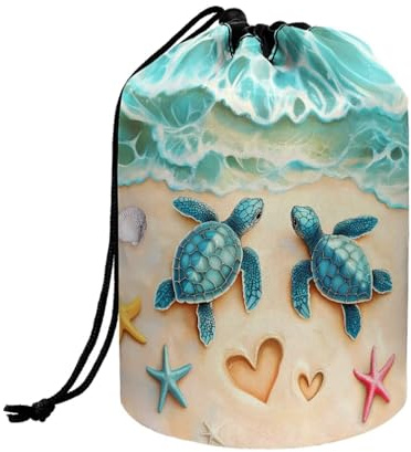 Wnbucioht Beach Sea Turtle Drawstring Cosmetic Bag Travel Stand Up Makeup Bag for Women Cute Sea Turtle Print Wash Bag Traveling Toiletry Pouch Portable Makeup Organizer Case for Women Girls Gift
