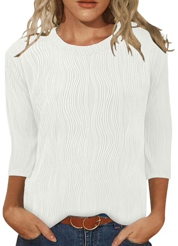 Gemulate Three Quarter Sleeve Tops for Women UK Womens Blouses Dressy Casual Work Jumper Cute Ladies Spring Autumn Crew Clothing Ladies Tunic top UK White XL