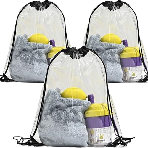 WUBAYI Durchsichtiger PVC Kordelzug Rucksack 34x42cm 3er Pack Wasserdichter Turnbeutel für Sport, Schwimmen, Reisen