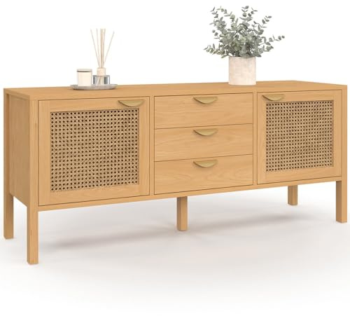 IDMarket - Sideboard, niedrig, 140 cm, Edhen, 2 Türen und 3 Schubladen, Holz und geriffelt
