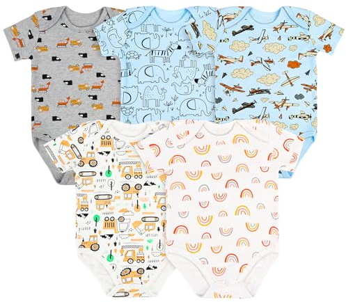 Vicloon Bébé Body Mixte, Lot de 5 Body à Manches Courtes Bébé en Coton, Cadeau Naissance, Respirants et Pratiques, D'été Combinaison 3-6 Mois, Motif cartoon