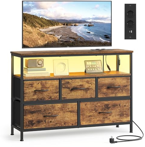 SONGMICS Kommode, 5 Schubladen, 1 Ablage, Sideboard mit Ladestation | Schrank, App-gesteuerte LED-Beleuchtung, modern, vintagebraun und tintenschwarz, BELLAH Kollektion LGS723KD01