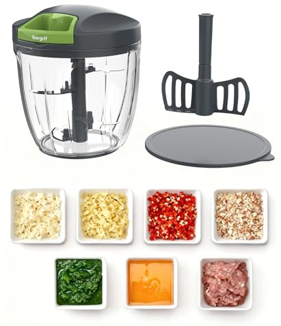 Ibergrif Manual Food Chopper 900ml, Vegetable Chopper with Pull Cord | Stainless Steel Blades, Mixing Paddle, Non-Slip Base, BPA Free, for Onion, Eggs, Nuts, Herbs and Baby Food
