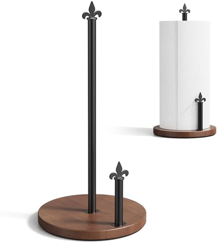 TJ.MOREE Wooden Kitchen Roll Holder One-Handed Tear Paper Towel Holder Rustic Farmhouse Countertop Stand for Kitchen and Dining Table with Solid Oak and Metal Construction