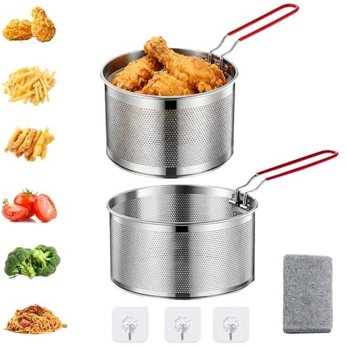 2er-Set Edelstahl Frittierkorb (18+20cm) mit abnehmbarem Griff – Vielseitig als Nudelsieb, Frittiersieb & Siebkorb für Pommes, Gemüse und Nudeln, platzsparend