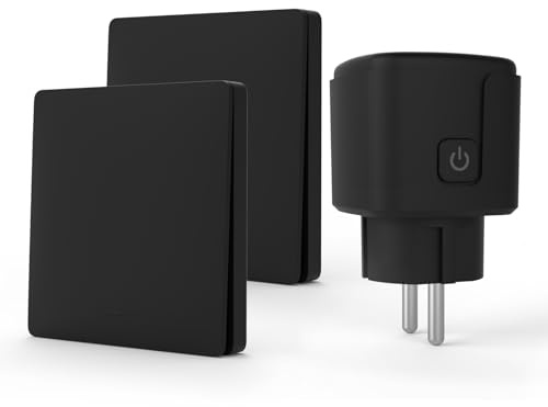 KADMOS Funksteckdose mit Fernbedienung Set (Batterielos), Selbstversorgender 433MHz Funkschalter & Steckdose, 3500W, Kabelloser Schalter für Lampen & Elektrogeräte (Schwarz, 2 Schalter + 1 Steckdose)