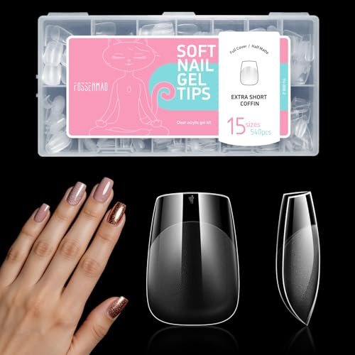 Extra Short Coffin Nail Tips for Gel Extensions, 15 Sizes 540 Pcs Short Coffin ballerina Half Matte Full Cover Fake Nails for Manicure Salon Arts DIY Home