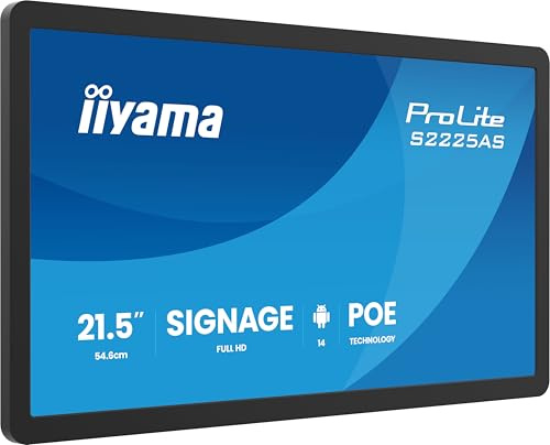 iiyama Prolite S2225AS-B1P 54,6cm 21.5 Digital Signage Display IPS LED Full HD USB-C Audio-Out USB2.0/3.2 RJ45 Android 14 OS iiSignage² WiFi Bluetooth PoE 24/7 3H Anti-Glare schwarz