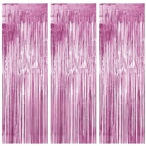 Ravytha 3 Stück Lametta Glitzer Vorhang, Luftschlangen Regenbogen Folie Fransen, Tinsel Vorhänge Hintergrund Party Dekoration, für Geburtstag Weihnachten Neujahr Hochzeit Party, 1x2.5m, Rosa