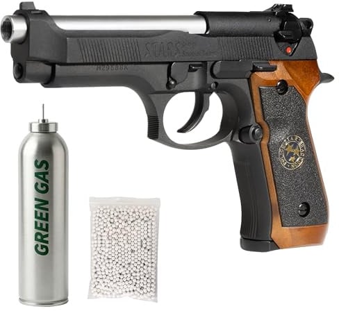 Pistola gas scarrellante softair M92 full metal, POTENZA 0,9 JOULE, calibro 6mm, caricatore 27 colpi, hop-up regolabile, sicura/semi-auto, 220mm 950g