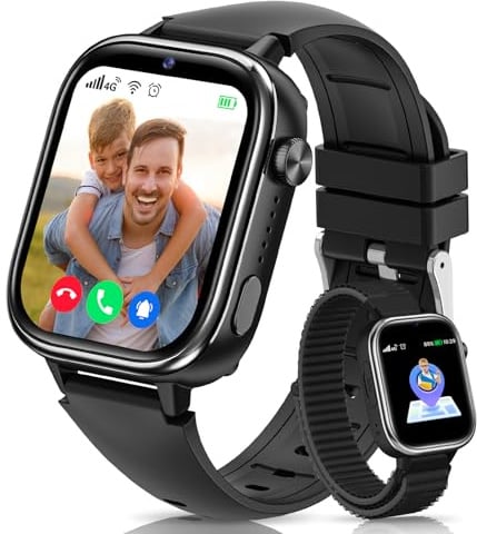Oliimptek 4G Smartwatch Bambini con GPS e Videochiamate, Orologio Smartwatch Bambini con Chiamate, Chat Vocale, SOS, Modalità Scuola, IP68 Impermeabile, Contapassi, Sveglia, Fotocamera, Sonno, Nero