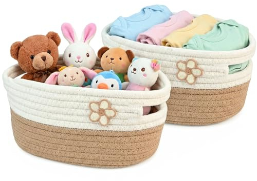Small Woven Storage Baskets 2 Pack, Thickened Cotton Rope Baskets with Handles for Organizing Nursery Toy Storage Decorative Desktop Baskets for Shelves Bathroom & Bedroom Empty Gift Hamper 22x14x12cm