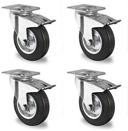 Rollensatz 4 Lenkrollen mit Feststeller 80 mm Vollgummi schwarz mit Stahlfelge