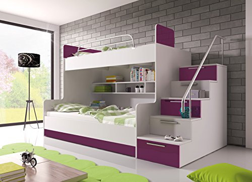 Möebel für Dich Hochglanz Etagenbett Doppelbett Alex mit Regalen, Treppe und Bettkasten in weiß/schwarz/rosa/grau/violett/blau (violett)