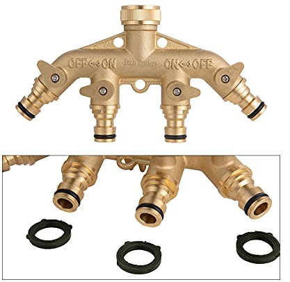 Tech Traders 4-Way Brass Faucet Manifold with Individual Shut-Off Valves, 3/4 Tap & Quick Connectors