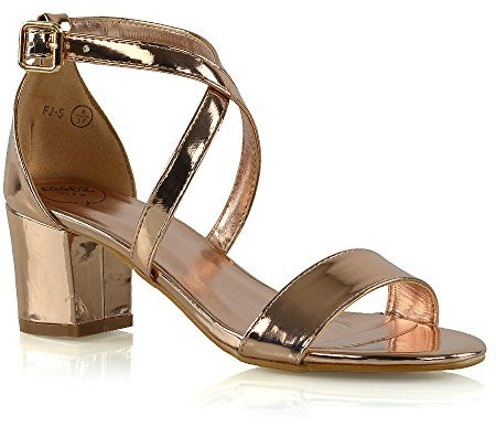 ESSEX GLAM Womens Strappy Sandals Block Low Heel Ladies Ankle Strap Party Evening Shoes (UK 8 / EU 41 / US 10, ROSE GOLD METALLIC)