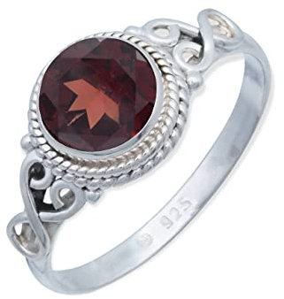mantraroma Damenring echt Silber schlicht mit rundem Granat Boho