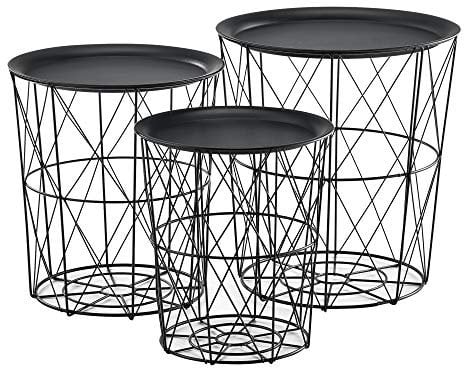 Set de 3X Cestas de Metal con bandejas extraíbles Mesa Baja Mesa Auxiliar para Almacenar Mesas de té y café Mesas de Centro Negro