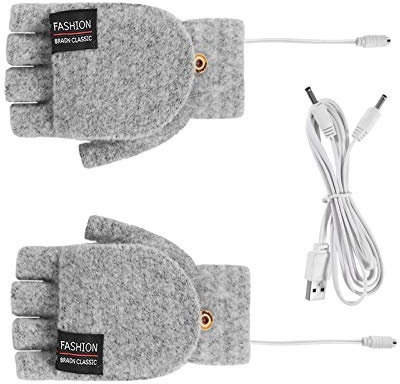 Soekodu USB Beheizte Handschuhe Unisex Fäustling Laptop Handschuhe Stricken Warm Voll/Halb Fingerlos Heizung Wärmer Elektrische Winter Hand Fäustling für Frauen Männer Mädchen (Grau)