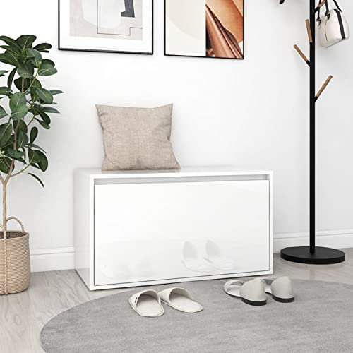 Susany Flurbank mit Stauraum Sitzbank Garderobenbank Truhenbank Flurschrank Sitztruhe Spanplatte Hochglanz-Weiß 80x40x45 cm