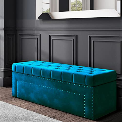 Duke Ottoman storage Box - Plush Velvet Storage ottoman with Crystal Nails- Ottoman Footstool with Storage - Chesterfield Upholstered Coffee Table- end of bed storage bench (Emerald Green)