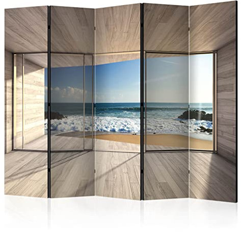 murando Akusticher Raumteiler Fensterblick 225x172 cm beidseitig auf Vlies-Leinwand Bedruckt Trennwand Spanische Wand Sichtschutz Raumtrenner Design Landschaft Meer Strand c-A-0084-z-c