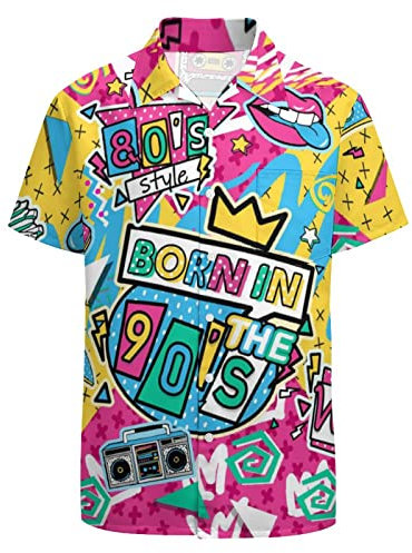 LARSD 80er Jahre Hemden für Herren 90er Jahre Button Up Hemd Vintage Retro Hawaii Strand Hemd Neon Disco Shirt Lustiges Partyhemd, Geboren in den 90er Jahren, XL