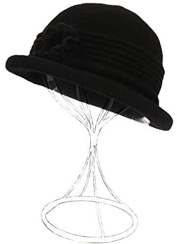 ZffXH Winter Herbst Wolle Strickmütze 1920 Vintage Beanie Cap Kirche Bucket Hat für Frauen Damen, dunkelschwarz, L