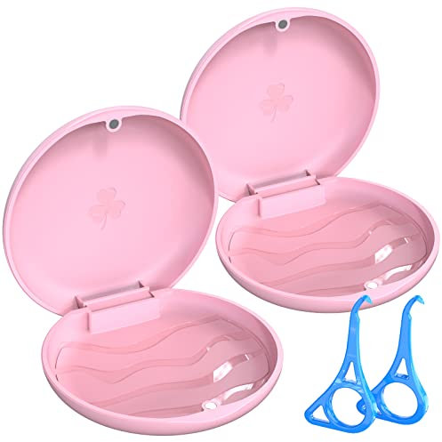 2 Stück Zahnspangendose Gebissdose, Zahnprothesen Behälter mit 2 Aligner Entfernungswerkzeug, Zahnschiene Box, Prothesendose, Zahnspangenbox, Spangendose, Dose für Zahnprothese, Prothesenbox Rosa.