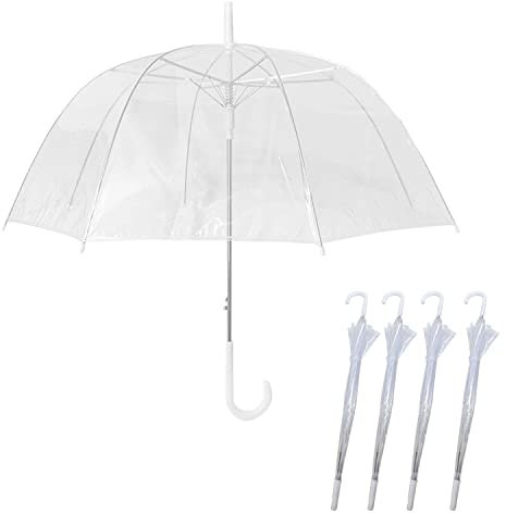 4 Pack Set Rain Umbrellas Dome Birdcage Transparent Wedding Brolly Clear Bubble White Handle And Spike Brolly Walking Ladies Mens Unisex Party Parasol Rain Bridesmaid Bridal Fashion See Through PVC
