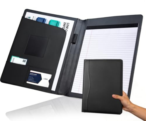 Porte-documents pour bloc-notes de format A4 – Dossier en similicuir avec poche de rangement, porte-cartes et boucle pour stylo pour réunions d'affaires, bureau, étudiant (noir)