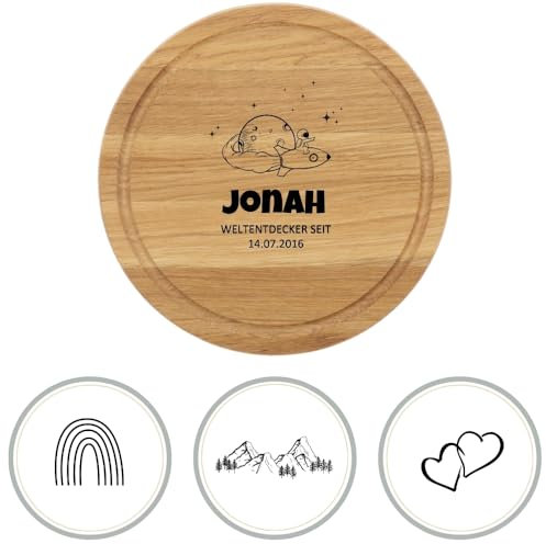 HOFMEISTER® personalisiertes Schneidebrett Gravur Eiche - rundes Holzbrett Frühstücksbrett klein für Kinder mit Name & Motiv - individuelles Frühstücksbrett als Geschenk - Wunschmotiv & Text, 25 cm