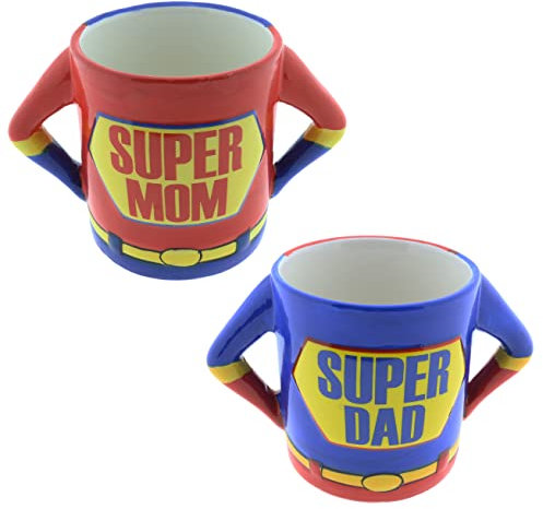 Becher Super Mom + Tasse Super Dad je 500ml Spar-Set Kaffeetasse XL 18x11cm Vatertag Muttertag Weihnachten Geschenkidee
