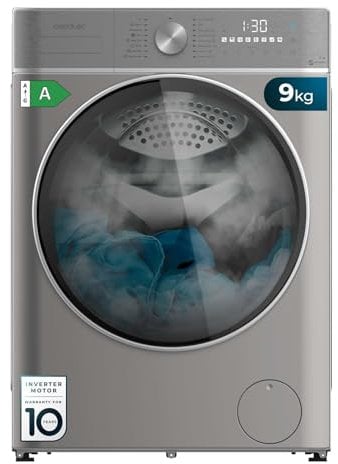 Cecotec Lavadora 9Kg de Carga Frontal Bolero DressCode 9800 Inverter Steel A 1400 rpm, Clase A, 16 Programas, Motor Inverter Plus, SteamMax, OnSmart, SpaCare, Fuzzy Logic y Display Táctil XXL