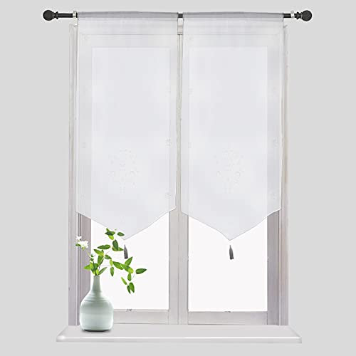 SMITHOOM Lot de 2 Rideaux Transparents avec Passe-Tringle - Broderie Florale Classique - pour Porte de Cuisine, Petite fenêtre - Blanc - 40 x 90 cm