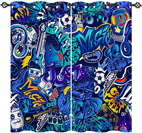 ANHOPE Graffiti Fußball Auto Gamepad Vorhänge mit Ösen Kinder Jungen Mädchen Gardinen Blickdichte Thermo Vorhang Blackout Curtain Schlafzimmer Wohnzimmer Verdunklungsvorhänge 2er Set H 138 x B 117 cm