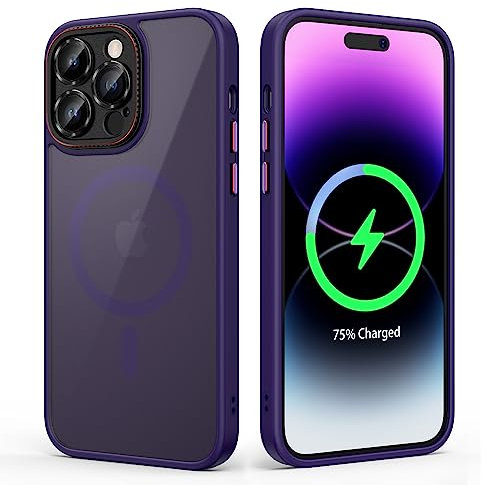 Doeshine for iPhone 14 Pro Max Case with MagSafe [Strong Magnetic] [Camera Protection], Soft Slim Rubber Case with Aluminum Alloy Keys, [Military Grade Protective] Shockproof Bumper Cover Dark Purple