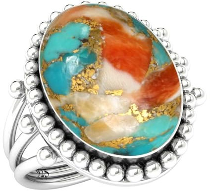 Jeweloporium 925 Silber Ringe für Frauen Mehrfarbig Natürlich Stachelige Auster Edelstein Handgefertigt Silber Ringe Größe 68(21.6) Weihnachten - Geschenk Mode Schmuck