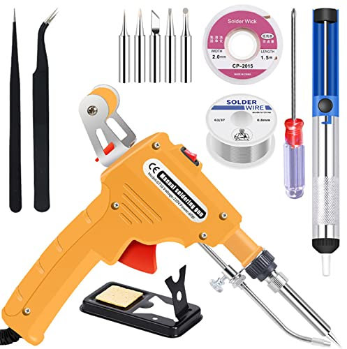 60W Elektronik Lötpistole Kit, Automatische Lötpistole mit 5 Stück Lötspitzen, Entlötpumpe, Pinzette, Lötdrähte, Halterung und Kreuzschlitzschraubendreher für Autoreparatur, Heimwerker (Gelb)