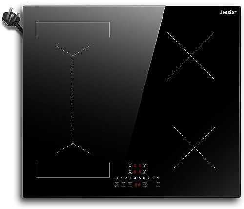Jessier Induction Hob 4 Burners, 2800W Plug in Electric Hobs with Flexible Zone for BBQ, 60cm Built-in Induction Cooker with 9 Power Levels Setting, Pause Function, Timer, Child-safety Lock, Black