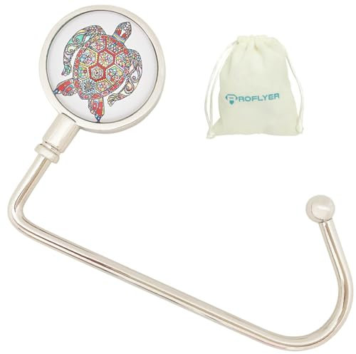 ROFLYER Handtaschenhaken-Aufhänger für Tisch, Bar, lang, Handtaschenaufhänger, Taschenaufhänger mit Samtbeutel (bunte Schildkröte)