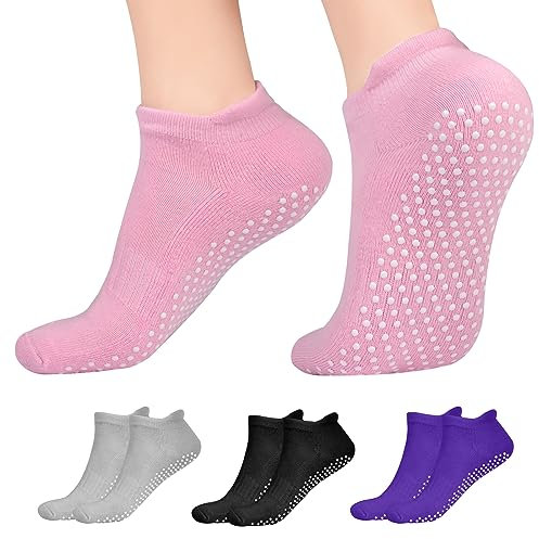 Flintronic Calcetines Antideslizantes Mujer para Yoga, Fitness y Danza - 4 Pares con Asas y Correas