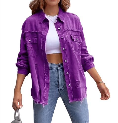 XinCDD Damen Jeansjacke Frayed Saum Langarm Distressed Denim Leichte Herbst Jacken (XXL, Lila)