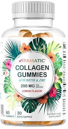 Vitamatic Hydrolyzed Collagen Gummies with Vitamin C, Zinc and Biotin, 200 mg - Healthy Skin Support - 60 Gummies