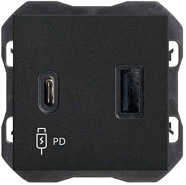 SIMON - Enchufe con Cargador Doble USB A+C, 3A, Serie 270, Tecnología Power Delivery, Enchufe de Pared Plano y Fino, Fácil de Instalar, Empotrable, Apto para Interiores, Color Negro (20000296-098)